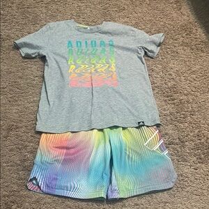 Adidas Graphic Tee and Rainbow Shorts Set